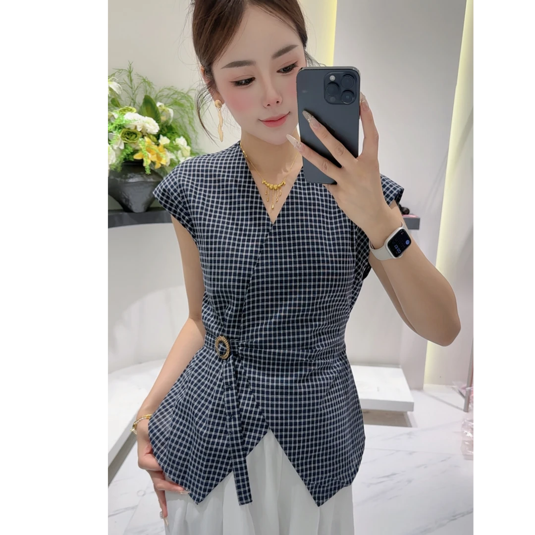 [YI家服饰]格子宽松型夏季无袖衬衫阔腿裤休闲中式时尚风971