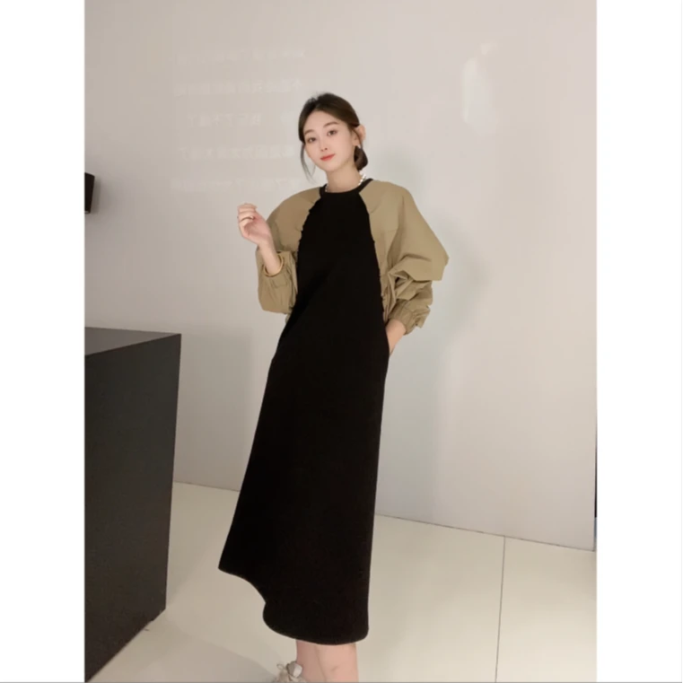 周老板/2025早春法式撞色宽松连衣裙显瘦小众设计感假两件连衣裙