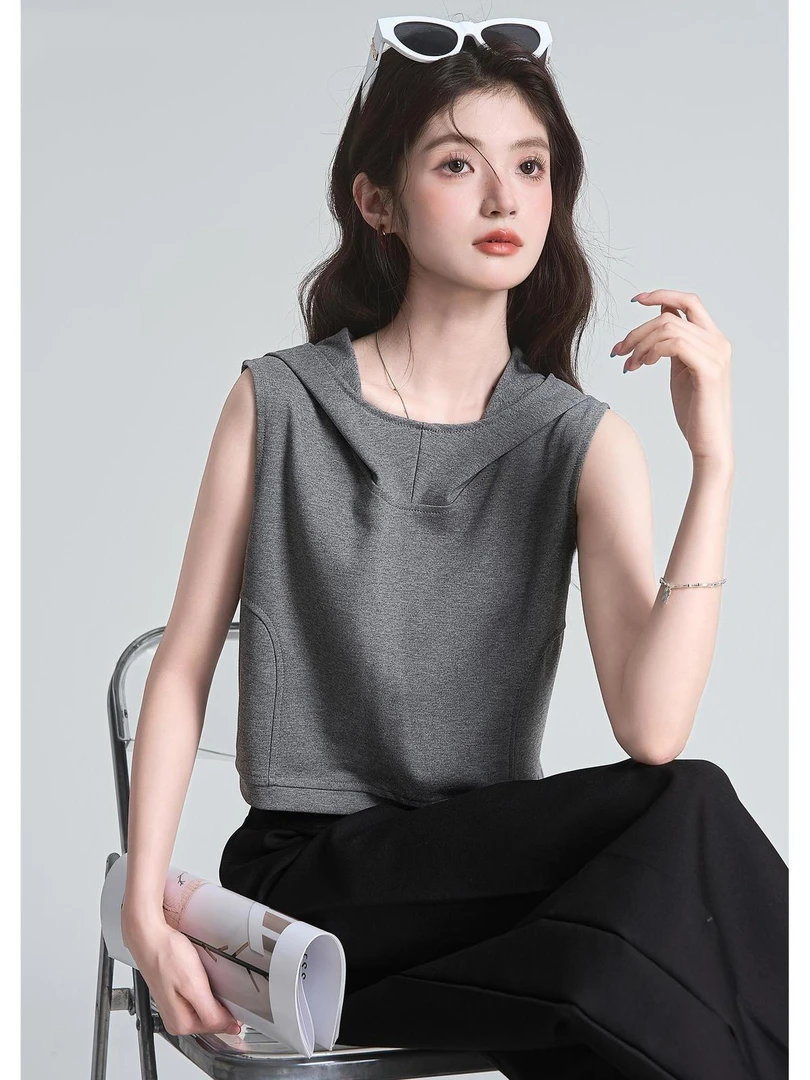 随性穿搭露背镂空设计感连帽无袖坎肩T恤女辣妹风小众别致短上衣