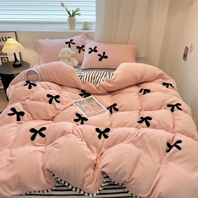 卡通毛巾绣双面牛奶绒床上四件套冬季珊瑚绒三件套加厚被套床单