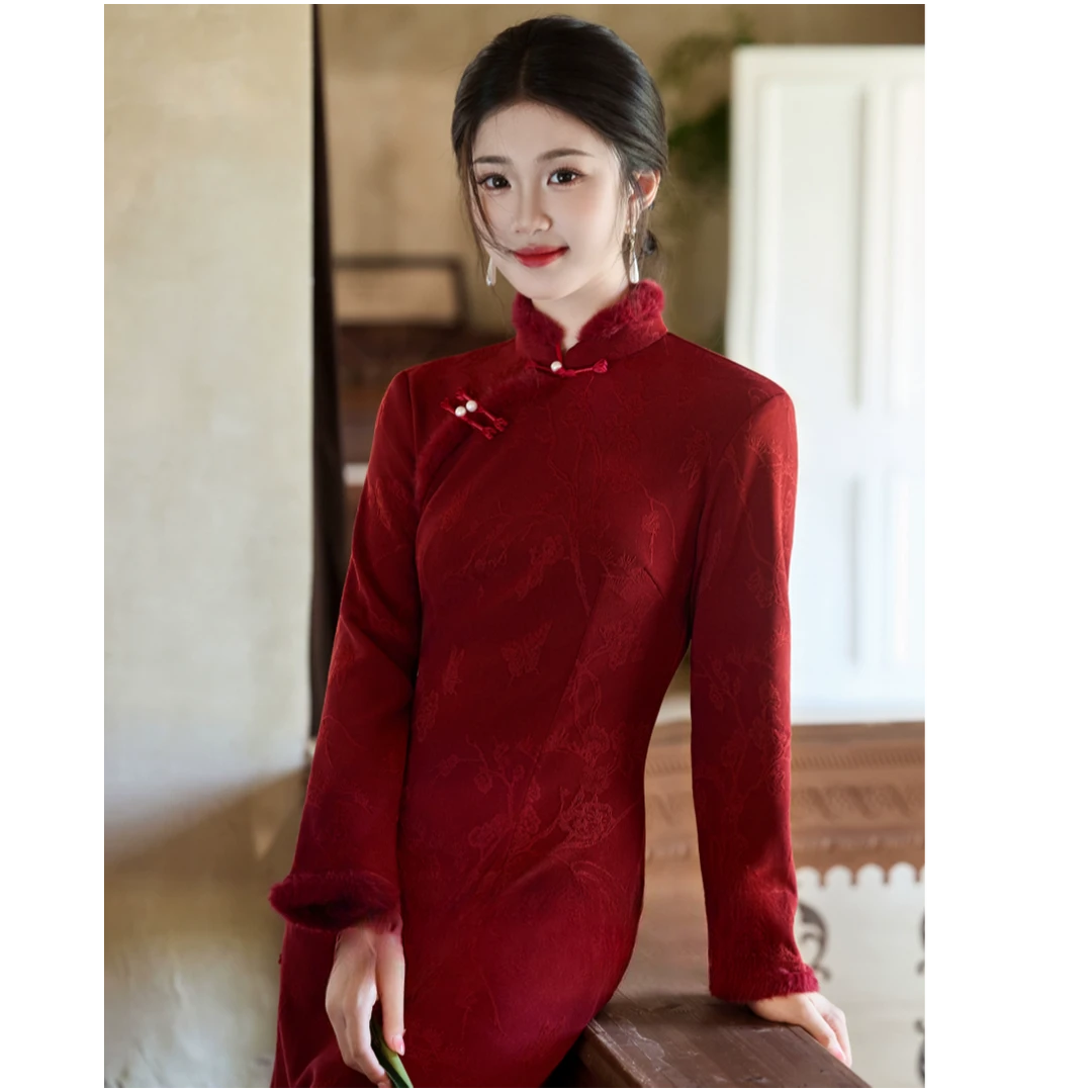 【醉雪】新中式旗袍敬酒服订婚红色连衣裙复古显瘦秋冬季日常可穿