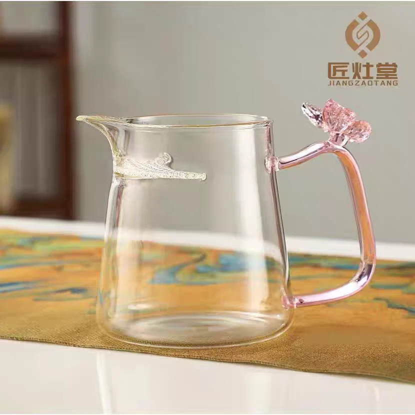 高硼硅玻璃加厚粉色蝴蝶系列公道杯煮茶壶带月牙过滤公道杯