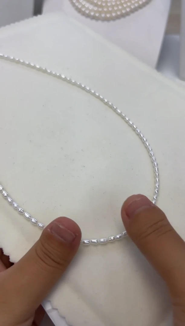 淡水珍珠银S925镶嵌颈饰3-4淡水无核珍珠项链