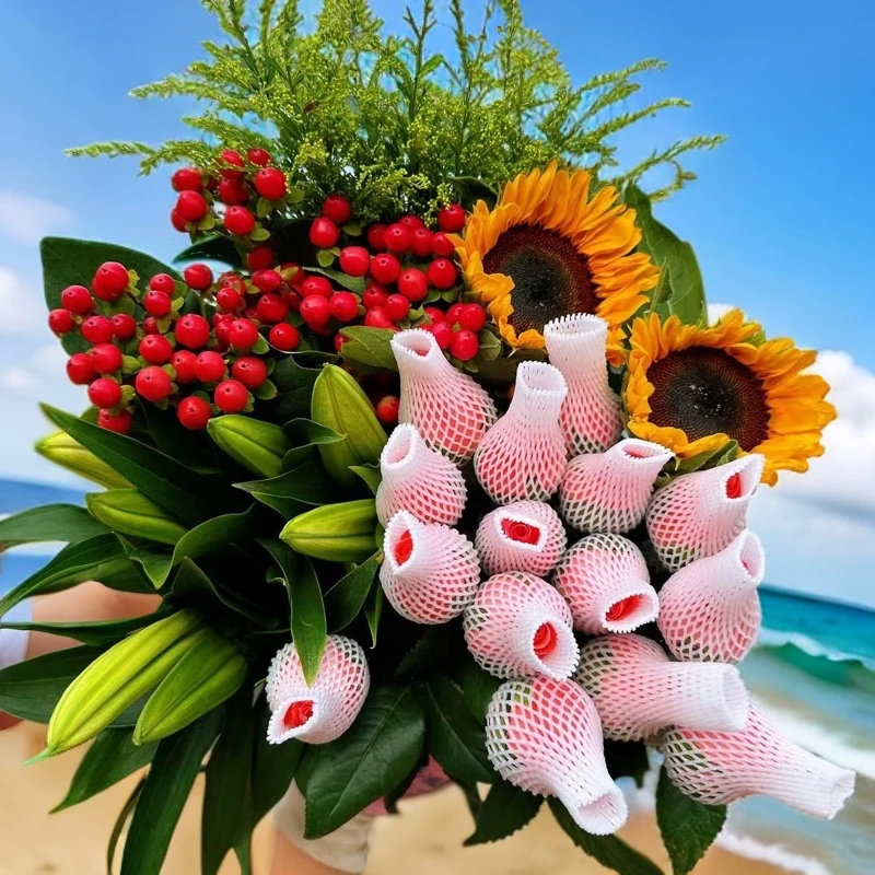 【年宵花】粉玫瑰1扎+百合1扎+向日葵2支+红豆1扎+配草1扎