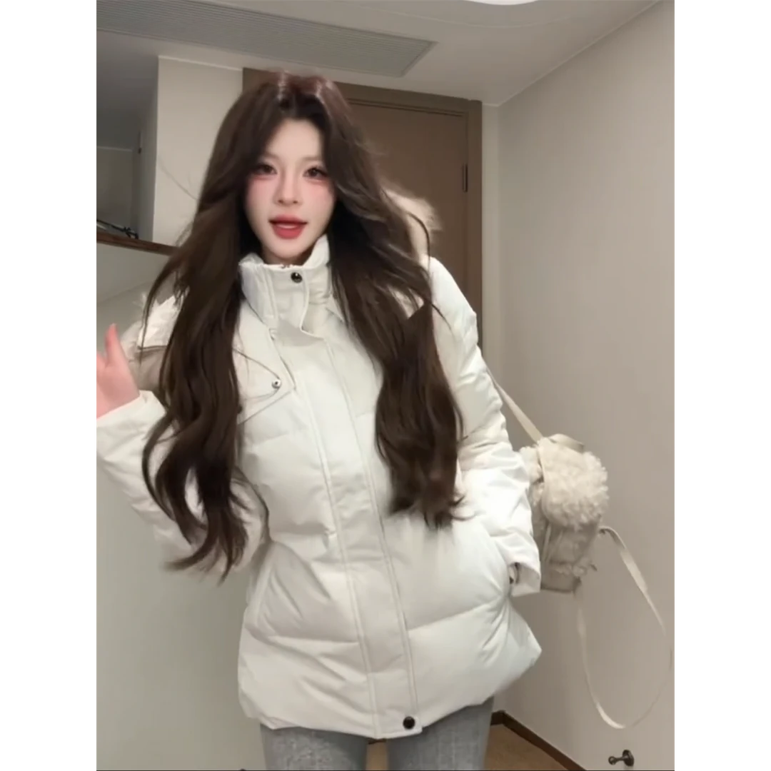 白色修身毛领棉服女冬季2025新款韩系高级感显瘦加厚短款棉袄外套