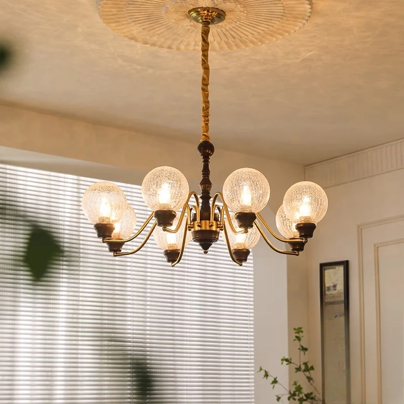 美式全铜客厅灯中古风吊灯法式浪漫大厅灯白蜡木胡桃色复古吊灯