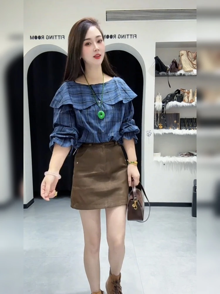 早秋女装2025新款漂亮法式高级感荷叶边蓝色格子上衣韩里韩气小衫