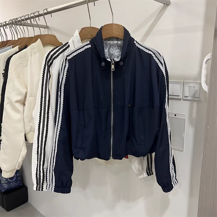 欧货2025春季新款时尚设计感蕾丝花边拼接立领拉链夹克外套女装潮