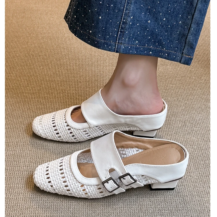 羊皮~内增高镂空包头半拖鞋女2025夏外穿休闲编织凉拖鞋沙滩凉鞋