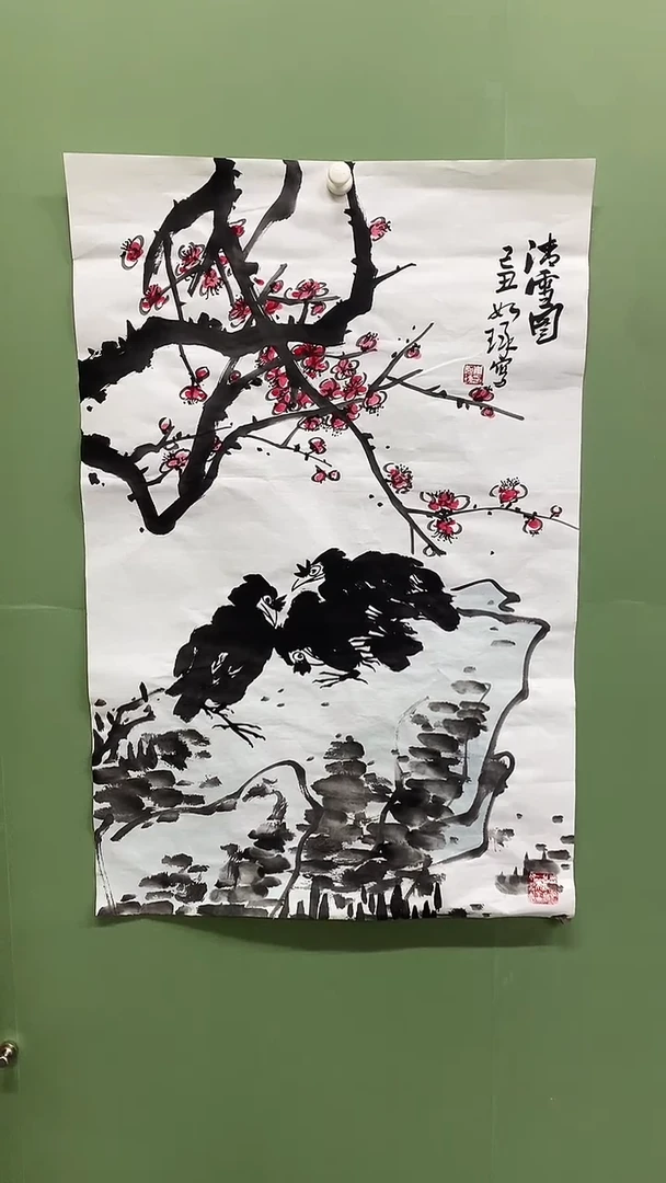 竖款精品开三花鸟，晴雪