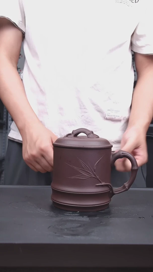 茶杯紫砂老紫泥手工贴竹叶大竹节杯