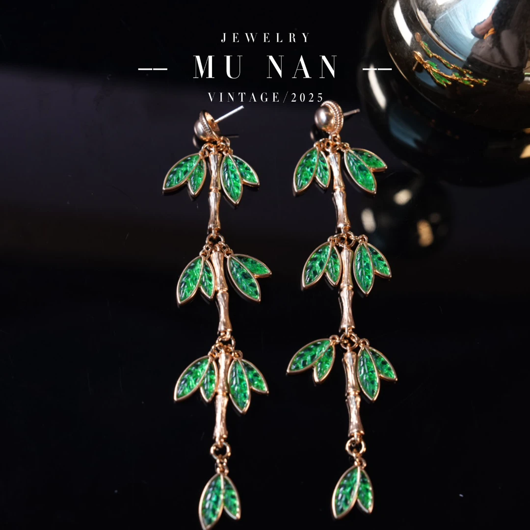 铜合金珐琅耳饰 【K012048】复古清新绿色竹叶耳饰
