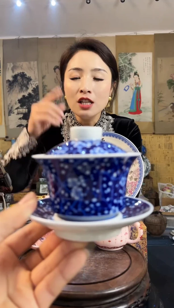 瓷片景德镇陶瓷翠竹红梅盖碗