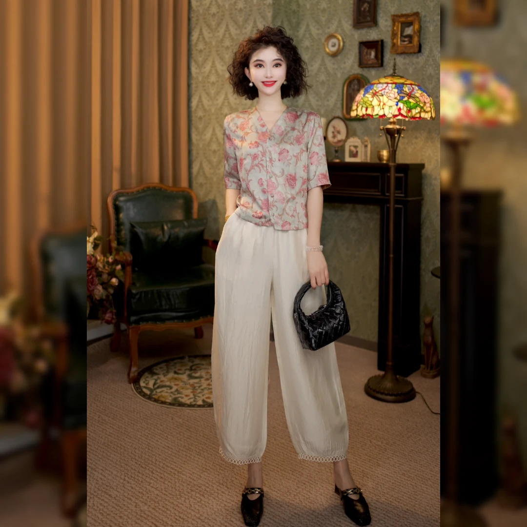 蕾丝拼接灯笼裤子女夏季薄款显瘦垂感九分直筒阔腿LY-G8297