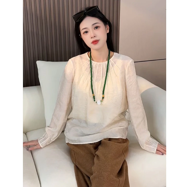 柳拂提 百搭四季少女风常规长袖极简防晒衬衫打底女装蕾丝气质