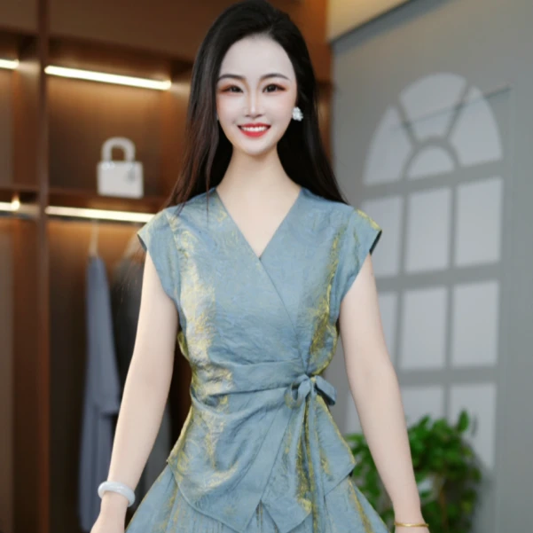 气质收腰修身夏季简约大气轻奢遮肉显瘦两件套套装M-4XL