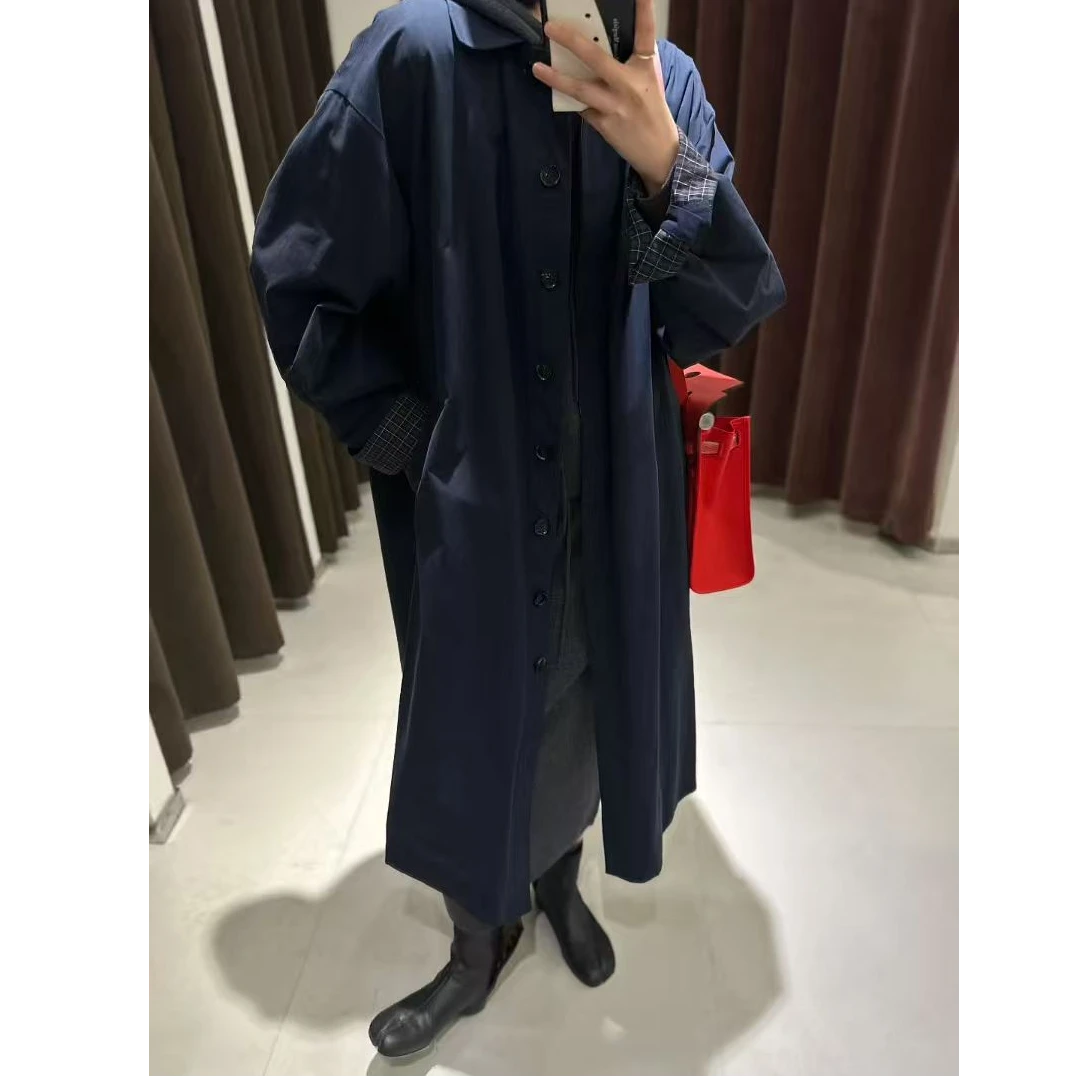 高级感藏青格纹气质休闲显瘦长款风衣H0448
