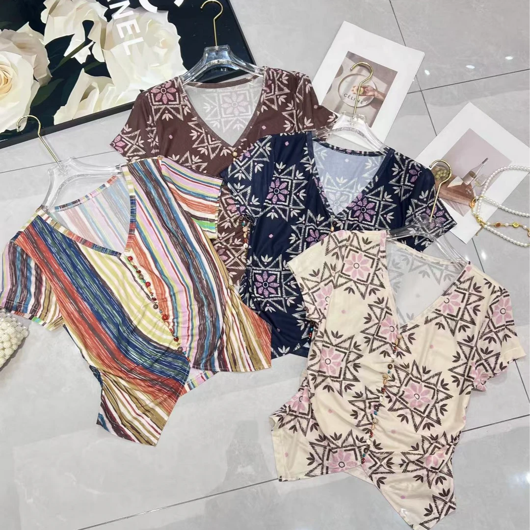 287 夏季时尚百搭休闲显瘦气质女士V领印花短袖上衣