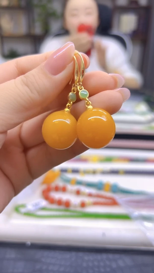 蜜蜡14K金镶嵌耳饰DIY款E893