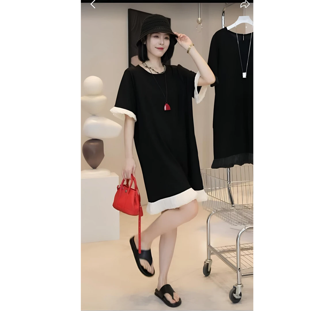 短袖黑色圆领套头裙轻熟风连衣裙拼接韩版休闲设计感8930夏季百搭