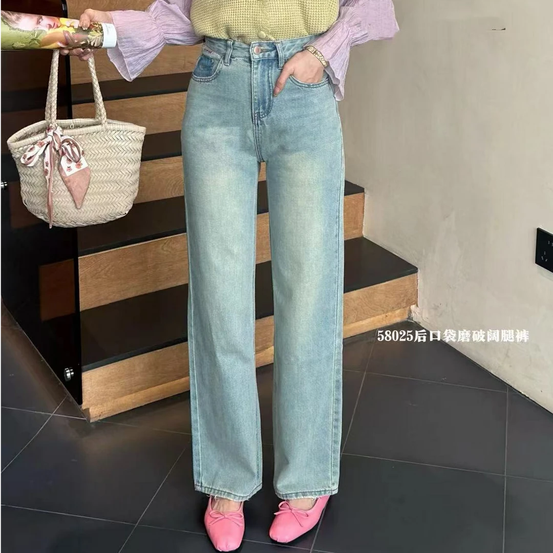58025夏季新款复古高腰时尚窄版牛仔直筒裤女