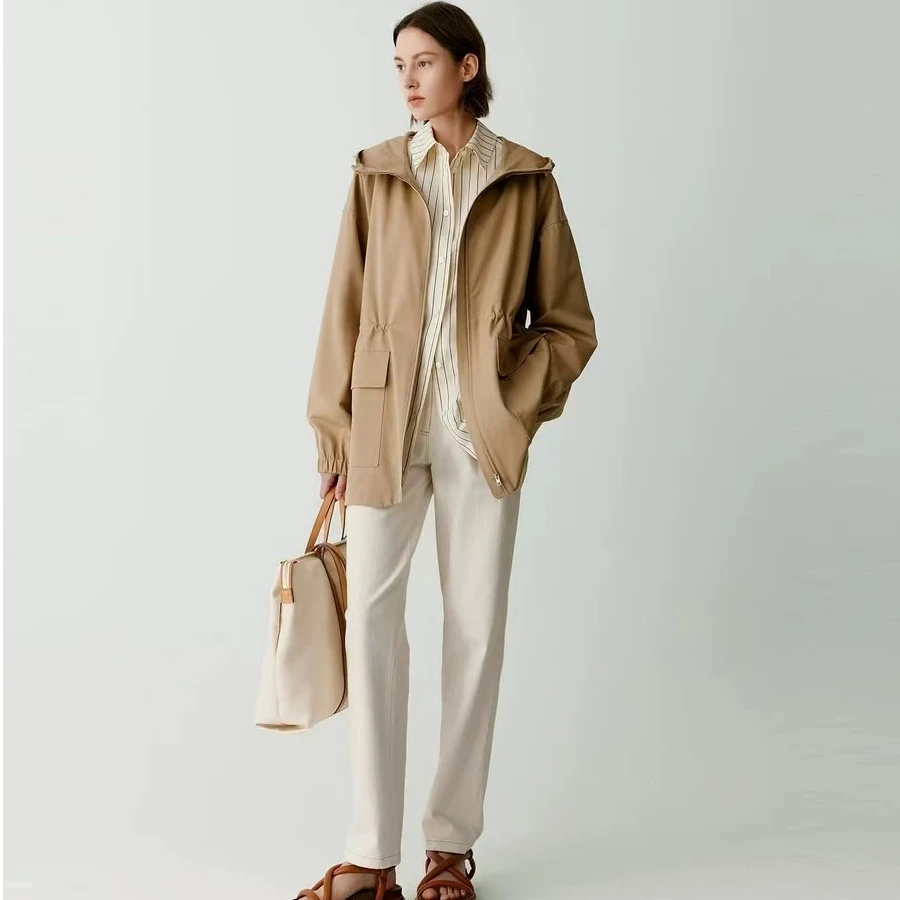 小禾家2024早春新款丝羊毛精纺平纹布短外套风衣休闲时尚