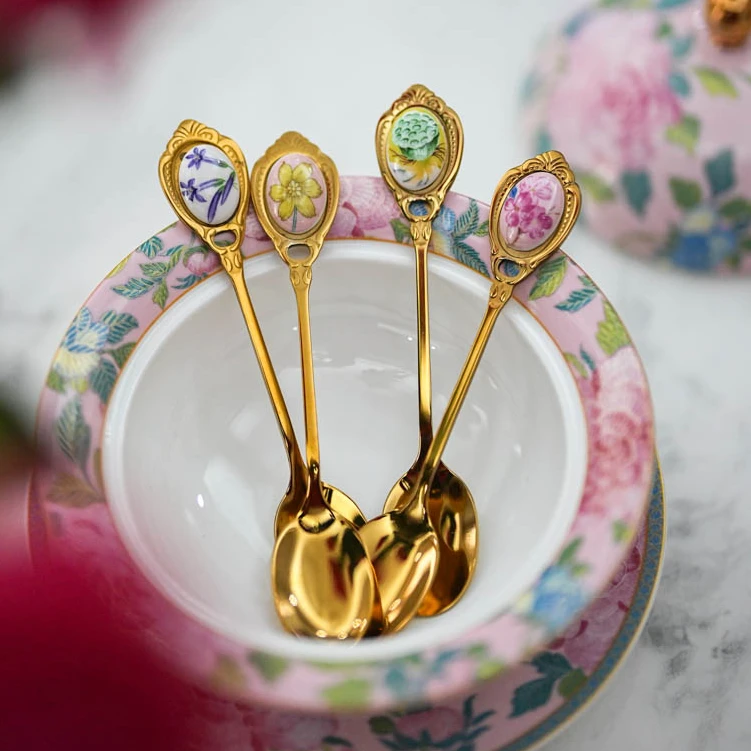 【奇居腾飞】轻奢陶瓷不锈钢金色咖啡勺四个礼盒装#JS-701