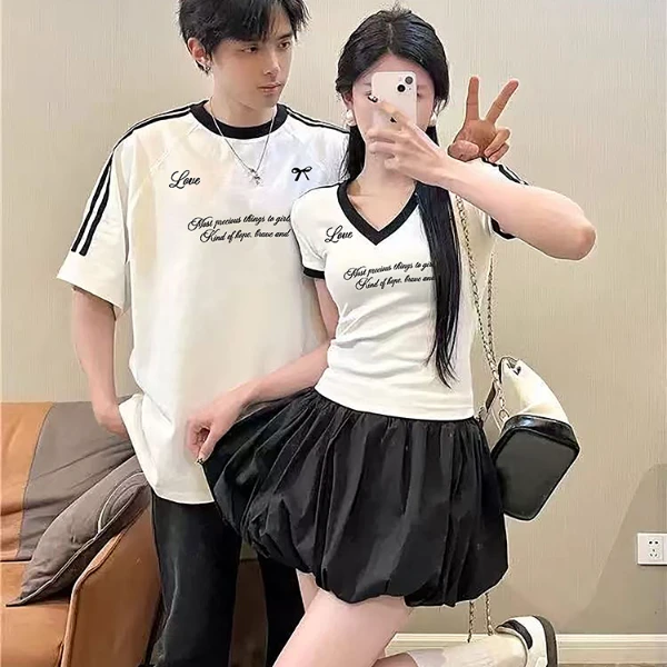 情侣短袖纯棉韩版2025新爆款一男一女夏季宽松潮流短袖t恤情侣装