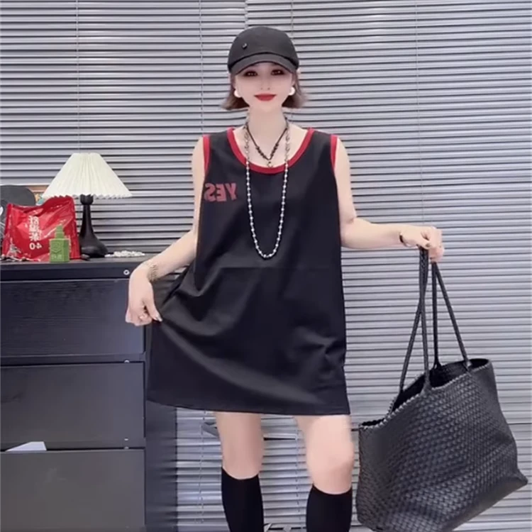 美式无袖背心运动球服女夏季新款洋气超好看宽松中长款遮屁股上衣