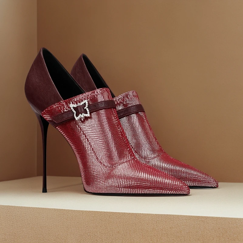 气质酒红色短靴女爆款洋气上档次高端舒适通勤深口高跟鞋不累脚