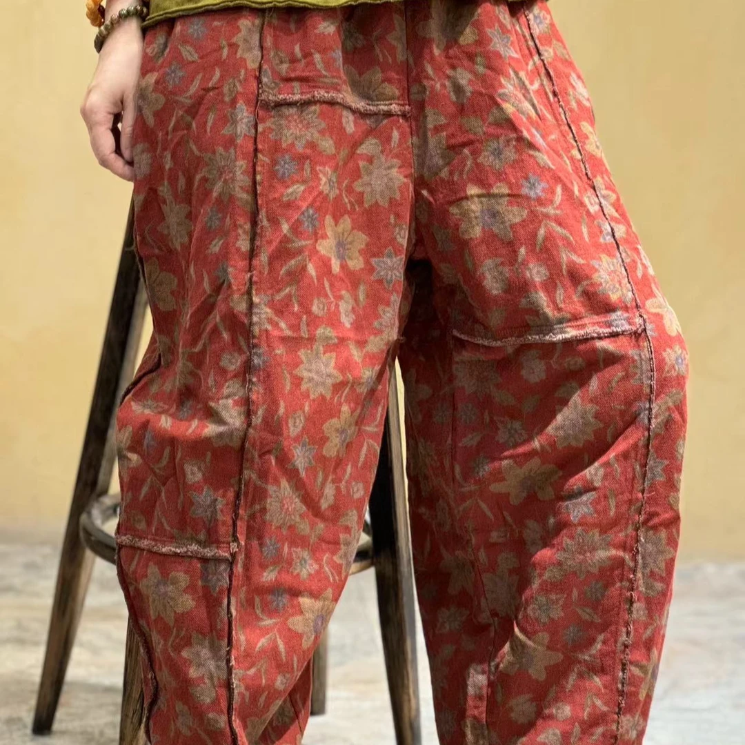 2024夏季新款斜纹亚麻毛边抽绳休闲裤240629时尚复古印花休闲百搭