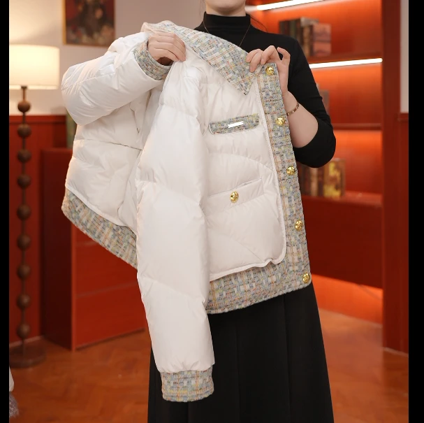 2024冬季女士小香风短款休闲拼接设计师高定保暖加厚外套-8515