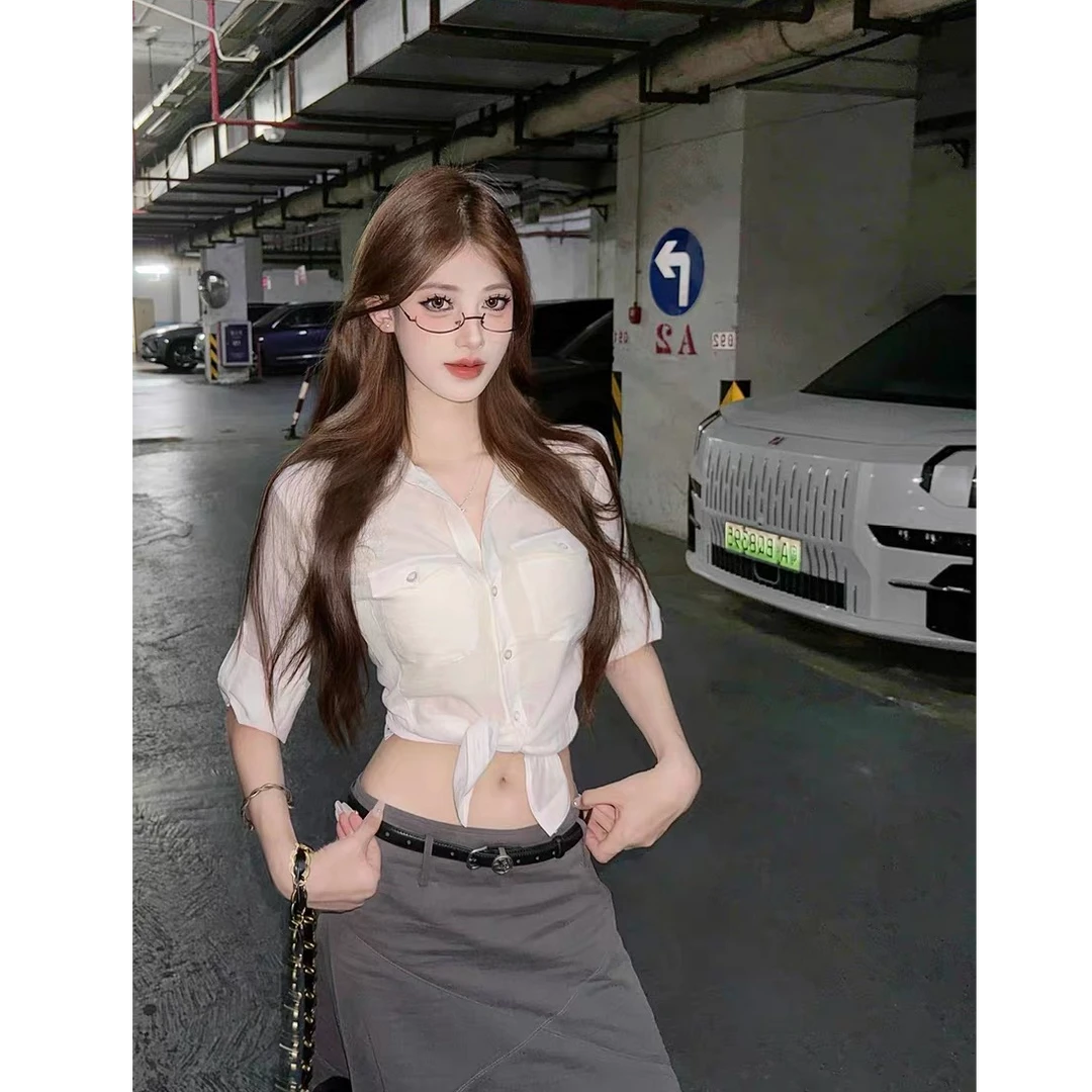 现货 AD1知识分子针梭织拼衬衫微透收腰上衣高知感显瘦通勤衬衣