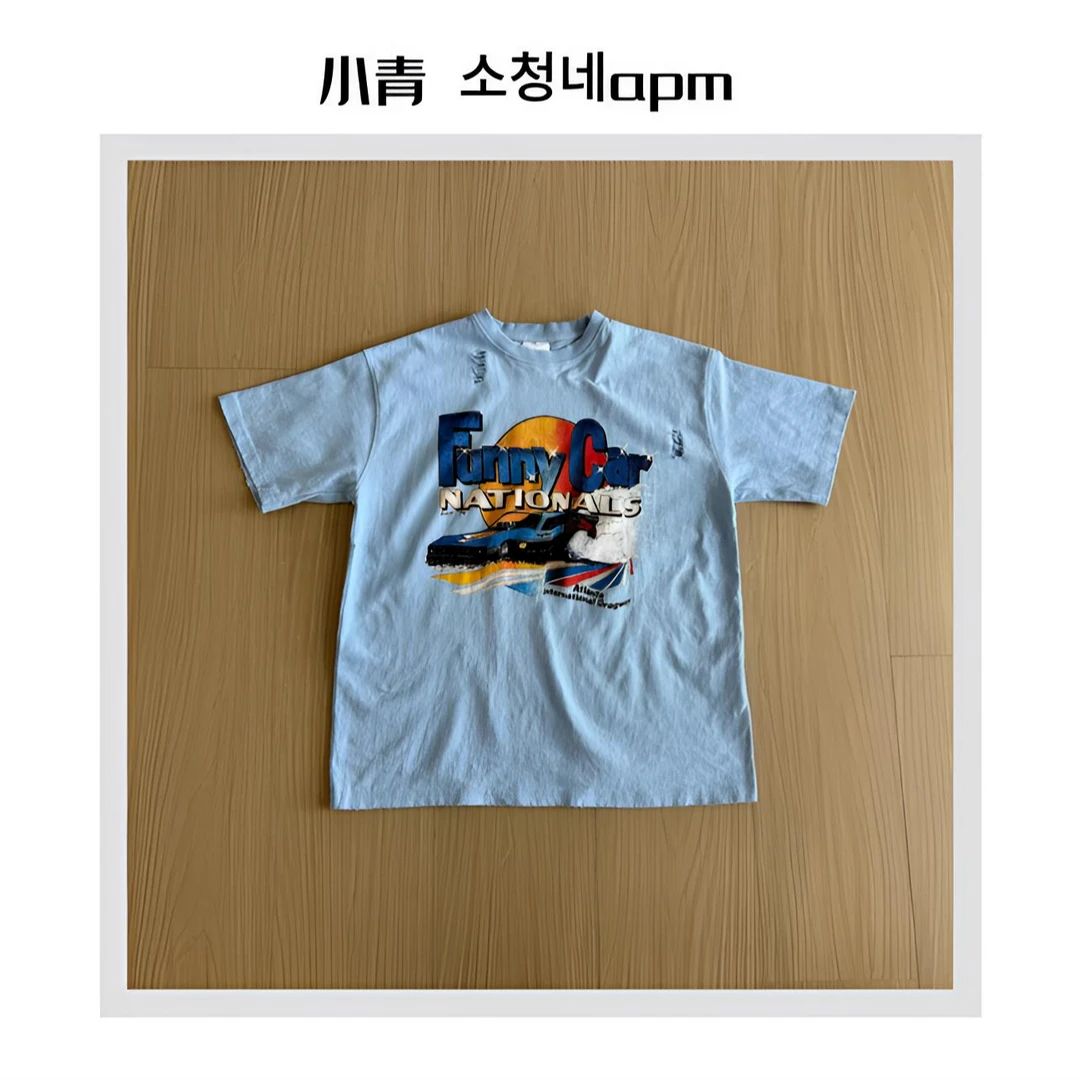 韩国东大门 公鸡/夕阳汽车破洞字母T恤