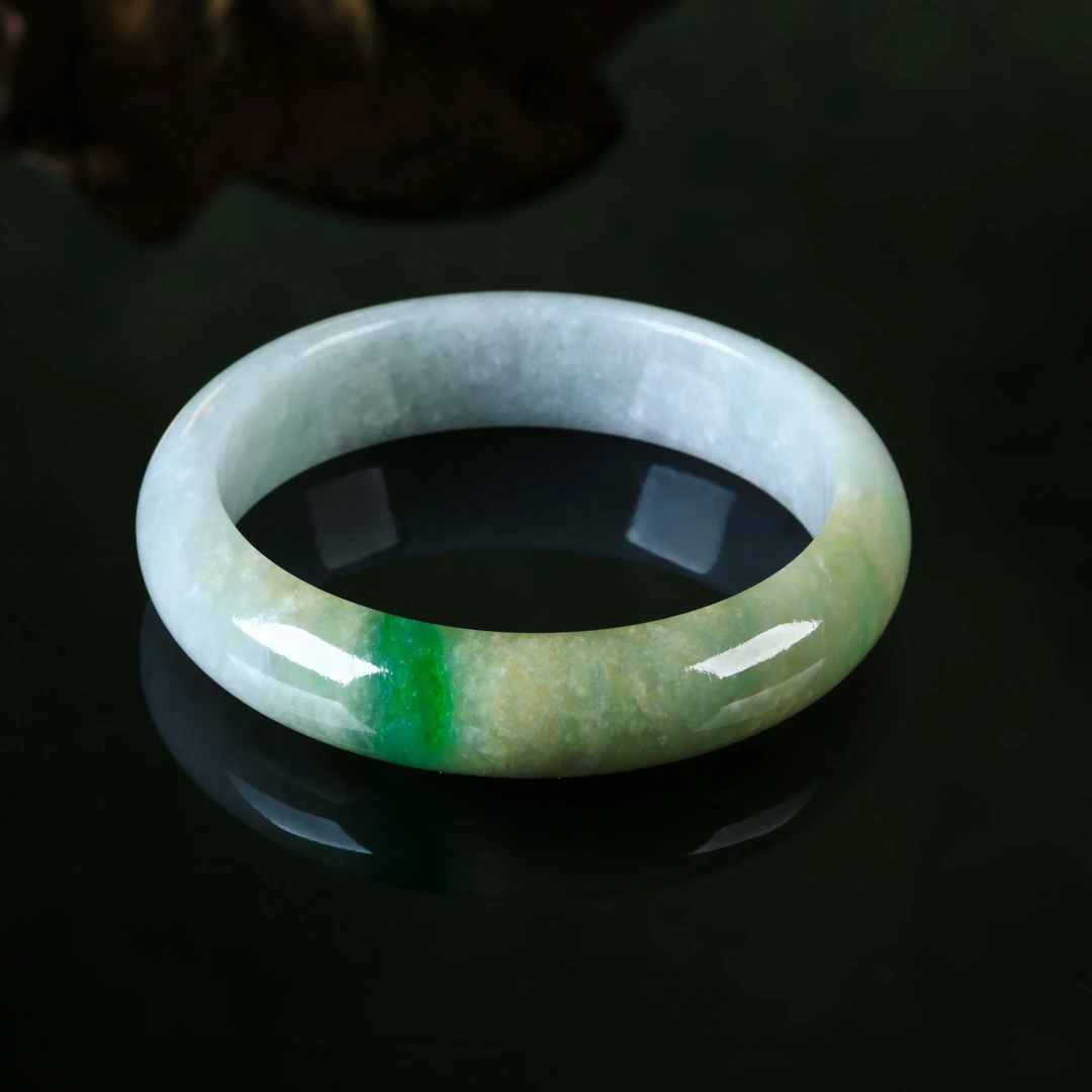 【意婵】《浮翠镯》冰润稀缺缅A黄加绿老翡翠手镯-800043