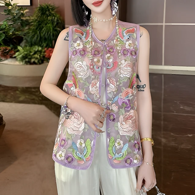 万能百搭国风小马甲真丝休闲刺绣新中式国风紫气东来桑蚕丝马夹