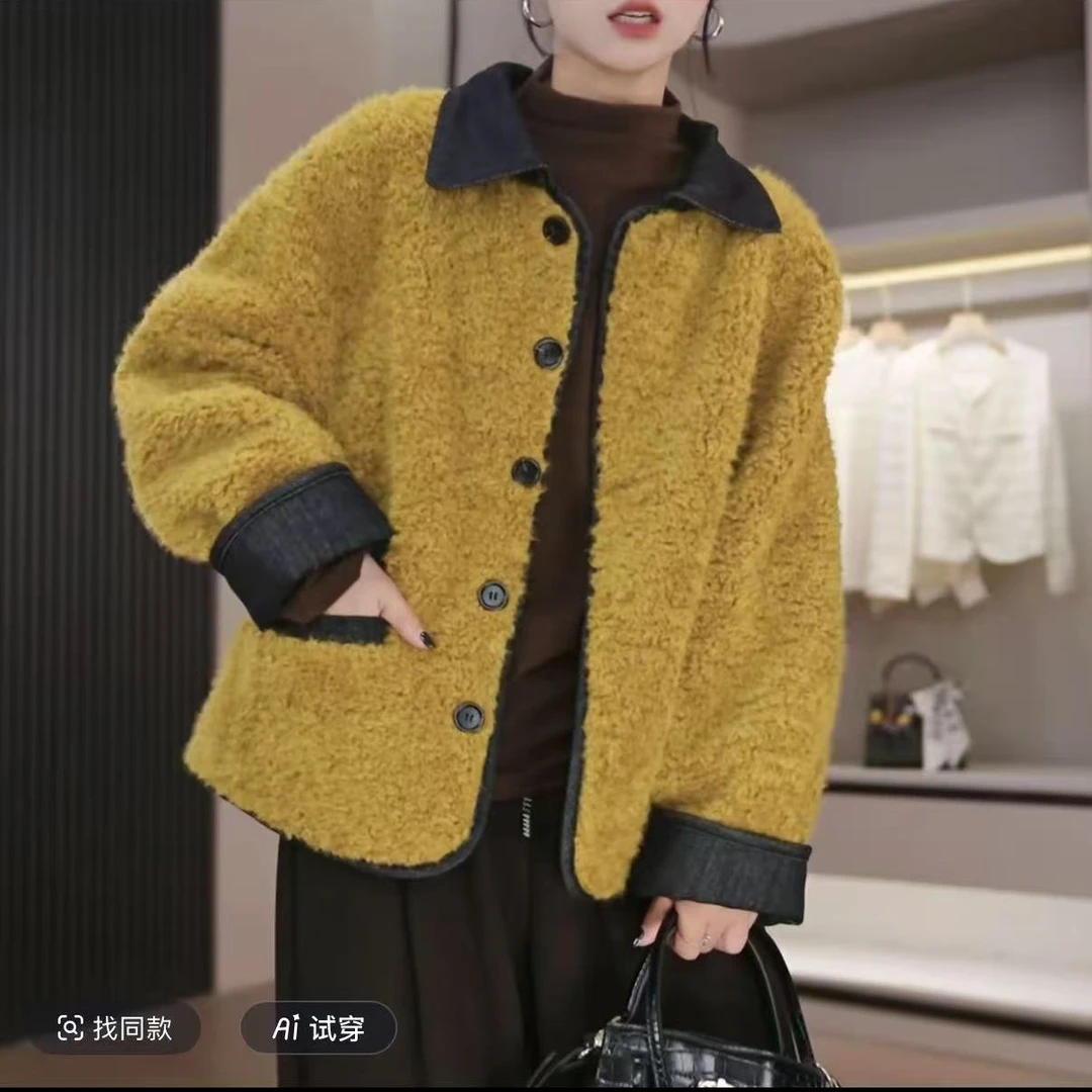 撞色翻领短外套女士秋冬2025新款保暖小个子宽松显瘦上衣