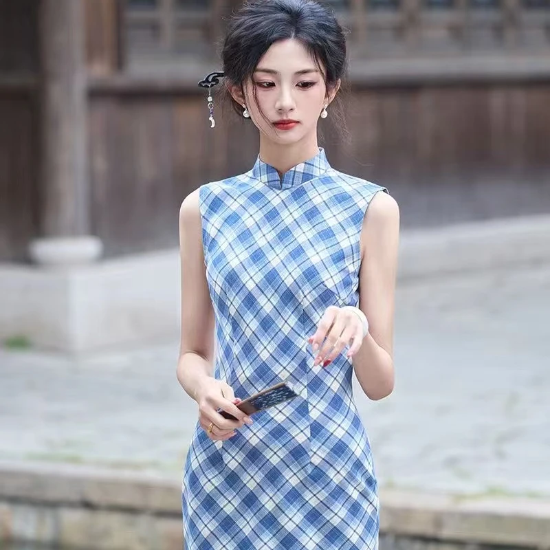 无袖复古风经典日常立领旗袍网红修身长款时尚格纹中式格子【琉璃】