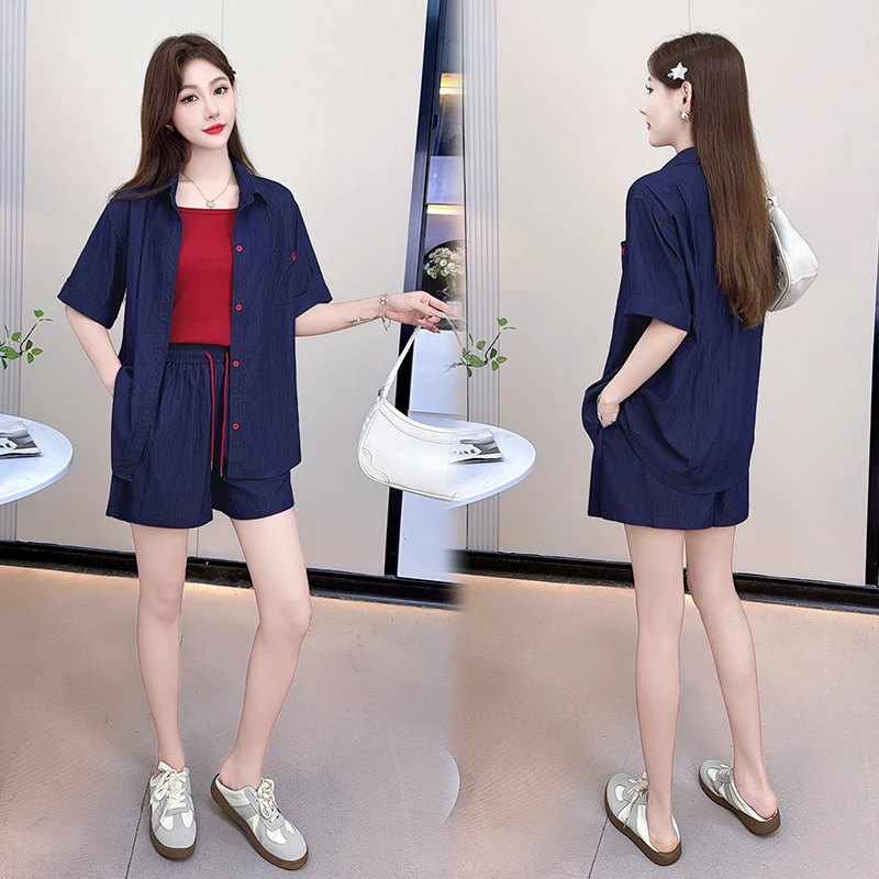 时尚衬衫套装女2025夏季新款洋气减龄气质短袖衬衣背心短裤三件套