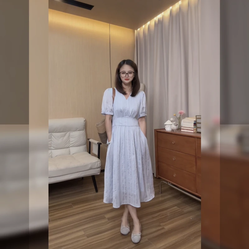 小个子短袖女装连衣裙时尚收腰显瘦遮肚子轻奢法式裙子010