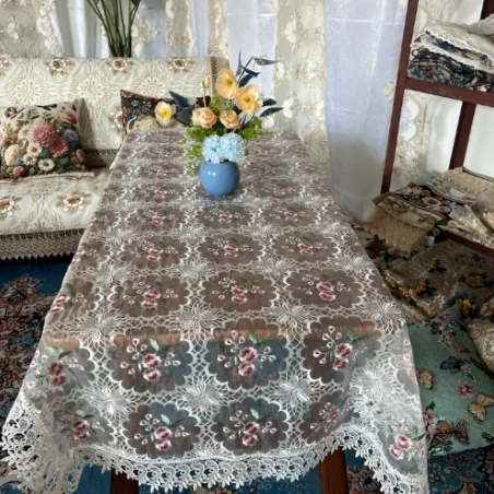 ZN040-87丝光线【90*185】白底粉桃花高织高密玻璃砂水溶边桌布