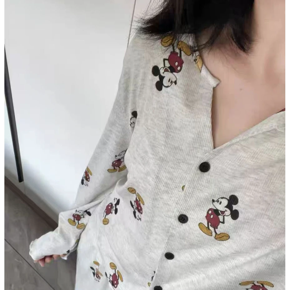 简约灰色米奇卡通开衫圆领莫代尔睡衣女春2025时尚可外穿家居服