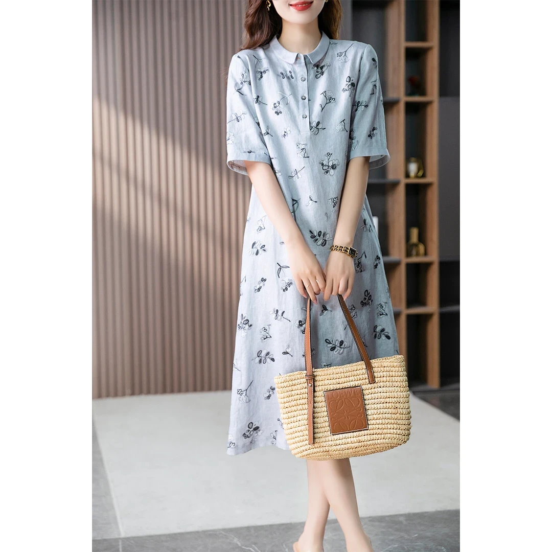 出口韩国亚麻连衣裙女士衬衫裙2025夏季韩版印花文艺气质中长款裙