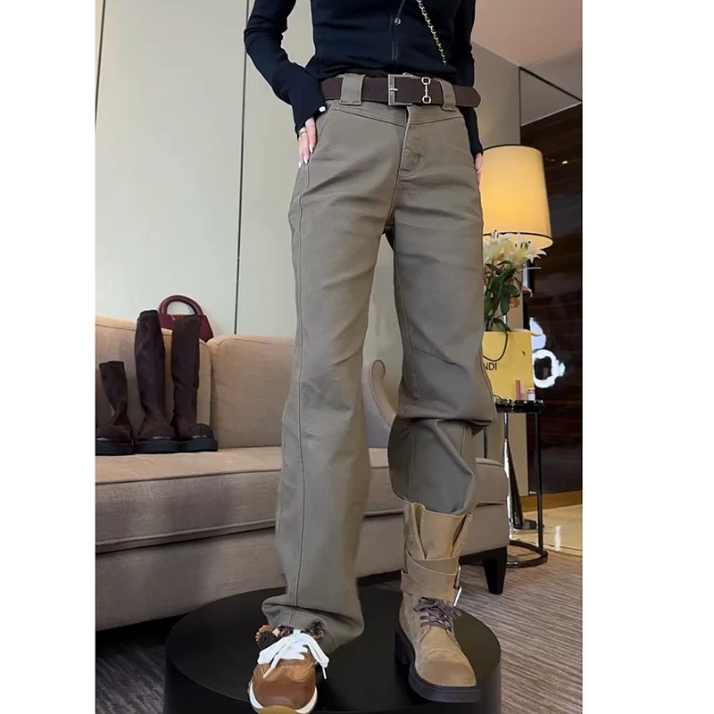 窄版直筒牛仔裤女2025秋季新款大码高腰显瘦弹力休闲工装拖地裤子