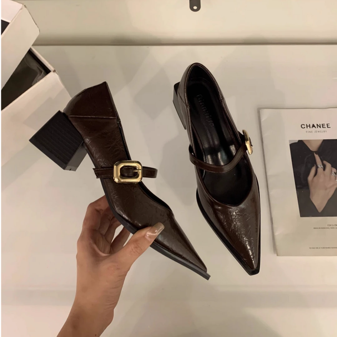 尖头单鞋女2025春季浅口设计法式一字带粗跟高跟玛丽珍鞋百搭气质