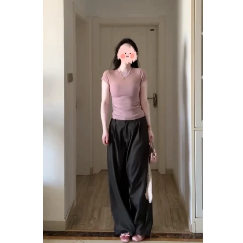 粉紫色修身显瘦掐腰短袖T恤女2025新款夏季韩系上衣裤子套装