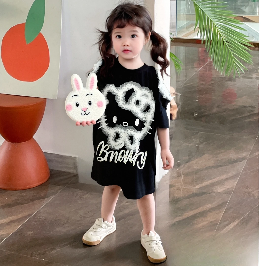 MN女童Kitty公主裙 2025夏季薄款洋气女孩纯棉连衣裙可爱卡通t裙~