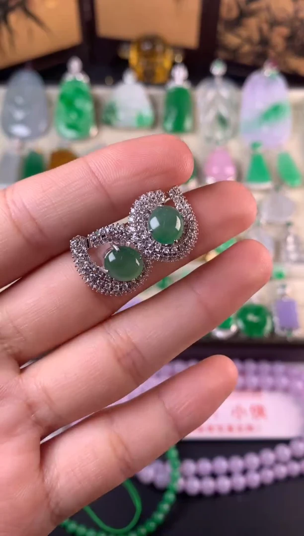 银S925镶嵌翡翠耳饰耳钉