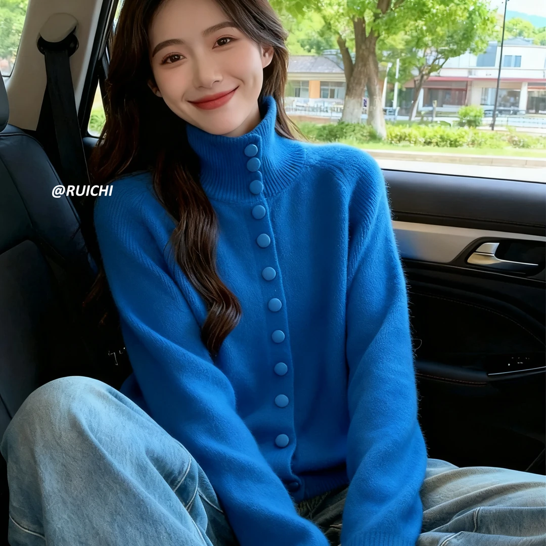 韩系休闲风2026新款高领插肩袖同色纽扣宽松针织开衫外套女