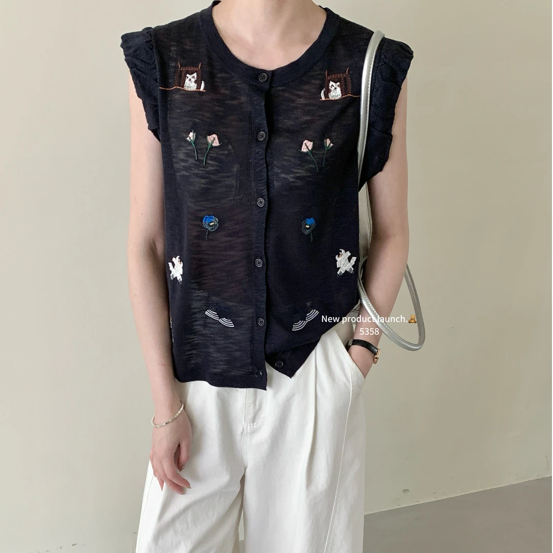 COCON-刺绣简约花苞袖背心女夏季宽松无袖马甲针织衫